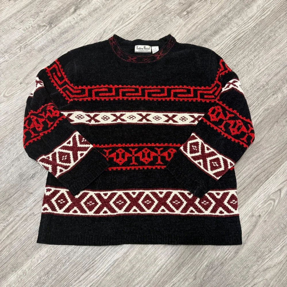 Extra Point Reference Point Chenille Sweater Womens 1X Black Red Geometric Knit